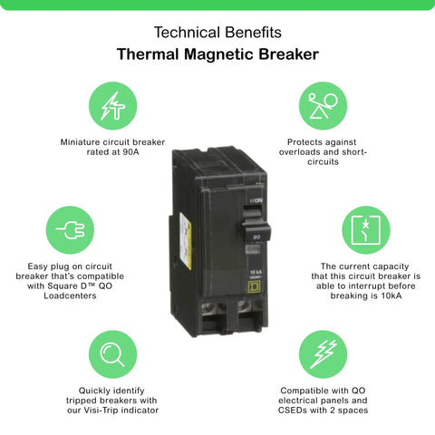 90 Amp Two Pole Circuit Breaker For QO Load Centers And Panel Boards, Plug On Design, 120 240V AC, Thermal Magnetic Overcurrent Protection
