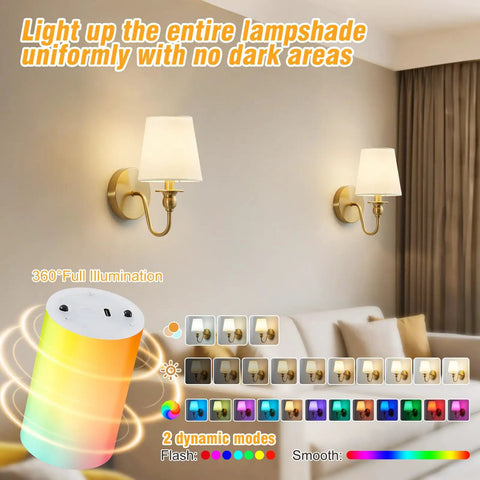 Slick Wireless Wall Sconces Set Of Two, Dimmable Led Bulbs With Remote, 15 Color Changing Gold Fabric Lamps mounted on wall.