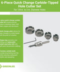 6-Piece Quick Change Carbide-Tipped Hole Cutter Set with arbor and cutter heads for 7/8 to 2 inch holes in various metals.