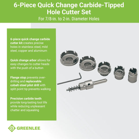 6-Piece Quick Change Carbide-Tipped Hole Cutter Set with arbor and cutter heads for 7/8 to 2 inch holes in various metals.