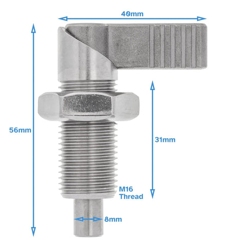 Built Like A Tank Stainless Steel Indexing Plunger With M16 X 1.5 Thread retractable lever locking bolt, 56mm long, 8mm pin.