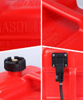 Close-up of 6L Portable Boat Tank With 3 Gal Capacity showing red HDPE body, L shaped handle, dual vent cap, and fuel outlet.