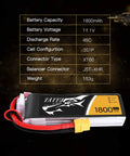 11.1V 1800mAh 3S 45C LiPo Battery Pack with XT60 Plug for FPV Drones and RC Helis displayed with specifications chart