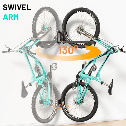 Bike Rack Wall Mount For Garage And Indoor Use, Space Saving Vertical Holder Up To 77 Lbs, showing swivel arm with 130 degree rotation