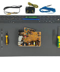 Extra Large Soldering Mat With Wrist Strap And Grounding Accessories, 23.6 By 13.8 Inches, 932 Degree Fahrenheit Heat Resistant Silicone Repair Pad For Electronics Cellphone And Laptop Repair, Non Slip Gray, displayed with circuit board and tools on gray surface.
