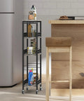 Four Tier Narrow Storage Cart On Wheels With Wood Tabletop, Slide Out Shelves, placed by kitchen counter