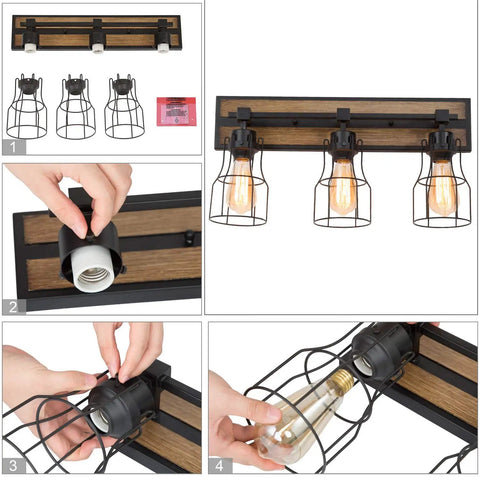 Two Light Farmhouse Vanity Light With Vintage Black Metal Cage And Rustic Wood Finish, E26 Base, Perfect For Bathroom, Kitchen, Hallway Or Bedroom, Open Cage Design For That Dope Industrial Cozy Vibe