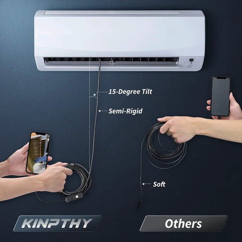 1920P HD Endoscope Camera With Light And 8 Adjustable LEDs, SemiRigid Snake Borescope For Tight Spaces, 16.4ft Cable, 7.9mm Probe, 2.0MP Clear Video For iOS And Android inspecting an AC unit