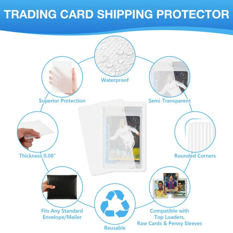 Diagram of features for All In One Trading Card Shipping Kit With 60 Bubble Mailers And 120 Card Protectors, highlighting protection.