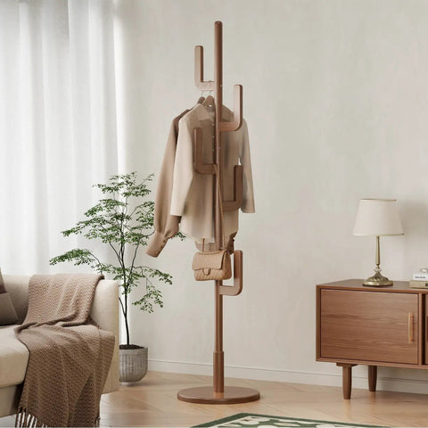 Cactus Style Solid Wood Coat Rack With Six L Shaped Hooks Freestanding Walnut Coat Tree in living room setting