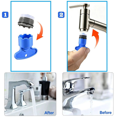 Universal Faucet Aerator Remover Tool Set With Five Heavy Duty Keys For No Sweat Clogged Sink Cleanup And Smooth Twist Swap On Residential Kitchen And Bathroom Fixtures shown in usage stages.