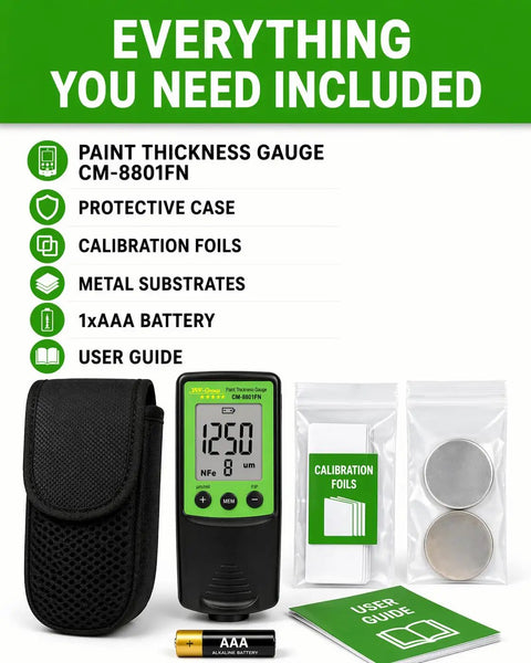 Hardcore Car Paint Thickness Gauge With 1 Micrometer Resolution, 0 To 1250 Micrometers Range, Ferrous And Non Ferrous Detection, Auto Repaint Check, Digital Coating Meter For Used Cars, Dealership Inspections, And Detail Pros kit with case, foils, substrates, battery, and guide