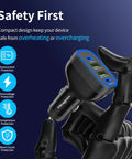 90W Four Port USB C Super Fast Car Charger With Dual PD Ports For iPhone And Android Phones, compact design showing safety features.