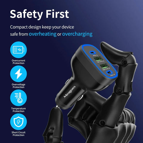 90W Four Port USB C Super Fast Car Charger With Dual PD Ports For iPhone And Android Phones, compact design showing safety features.