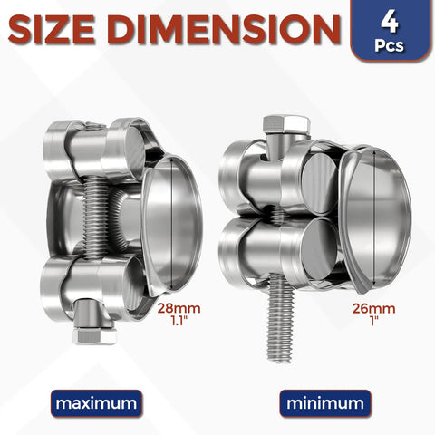 Heavy Duty 4 Pack T Bolt Hose Clamps 26 28mm Adjustable OD 1 To 1.1 Inch Pipe Straps Stainless Steel 304 size dimensions