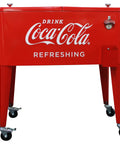 Coca Cola 80 Quart Rolling Cooler With Insulated Liner Holds Over 100 Cans With Ice Four Casters Two Locking Built In Bottle Opener And Cap Catcher Retro Metal Outdoor Patio Party Cooler