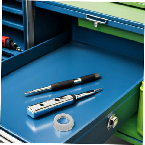 No Fuss 3/4 Inch Plastic Insulating Bushings 100 Pack next to screwdrivers in a toolbox, showcasing insulation and strain relief.