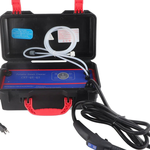 Built Tough Heavy Duty Steam Cleaner With 4Ft Water Inlet Hose 1700W 110V US Plug in open black and red case