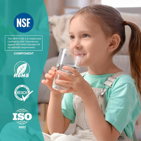 Child drinking clear water showcasing the effectiveness of Five Micron Sediment Water Filter For Whole House Filtration 10 Inch By 4.5 Inch Replacement Cartridge Easy Install Compatible With W15 PR DGD 5005 FP15B HD 950A GXWH35F GXWH30C For Well Water Four Pack