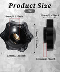 Four Pack M6 Six Star Knobs, Solid Black Nylon Screw On Through Threaded Clamps, Smooth Twist Hand Tightening Hardware For Garage Builds And Rig Mods, size and dimensions shown