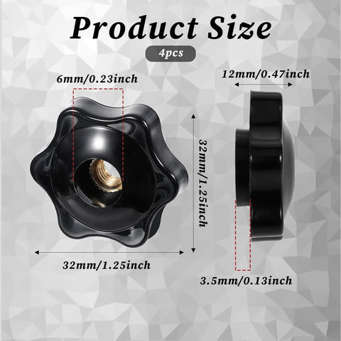 Four Pack M6 Six Star Knobs, Solid Black Nylon Screw On Through Threaded Clamps, Smooth Twist Hand Tightening Hardware For Garage Builds And Rig Mods, size and dimensions shown
