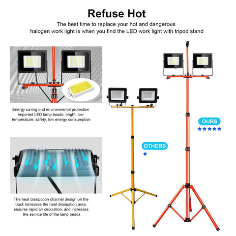 Comparison of Stand Work Light With Switch 10000LM LED Flood Light On Tripod Telescoping Tough Waterproof IP65 for construction sites