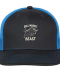 Black and blue Low Profile Unstructured Athletic Trucker Cap with Adjustable Buckle featuring bull market beast logo