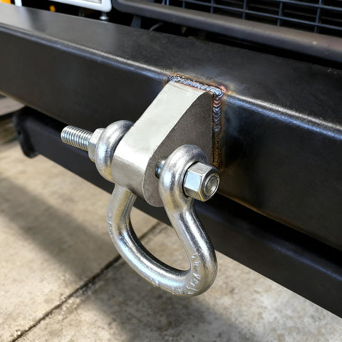 Mounted view of 4 Pcs Weld On Shackle Clevis Mounts Heavy Duty 0.85 Inch Thick Steel Clevis Bracket Zinc Plated Anti Rust D Ring Shackle on truck bumper.