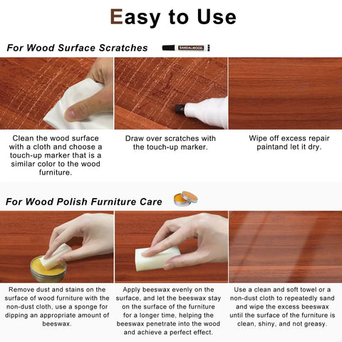 Instructions on using Dope Wood Scratch Repair Kit With 18 Sweet Colors And Beeswax for furniture care and touch-ups.