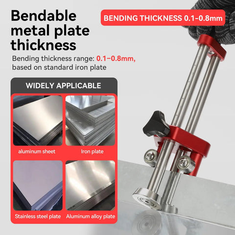 Front view of red sheet metal roller/bender with two vertical silver rods and black knob, for bending thin metal sheets.