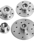 Heavy Duty 1x8Tpi Face Plate Kit For Woodturning Lathes Including 2 3 4 And 6 Inch Plates showing steel plates with holes.