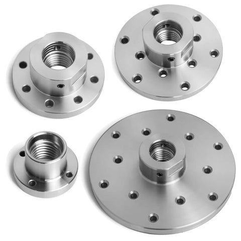 Heavy Duty 1x8Tpi Face Plate Kit For Woodturning Lathes Including 2 3 4 And 6 Inch Plates showing steel plates with holes.