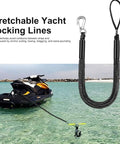 Elastic Dock Line With Metal Hook And Loop Ends 48 Inches For Kayak Canoe And Small Boat Mooring shown with jet ski in water