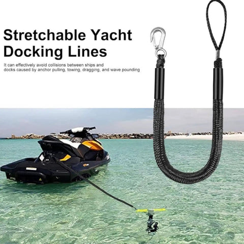 Elastic Dock Line With Metal Hook And Loop Ends 48 Inches For Kayak Canoe And Small Boat Mooring shown with jet ski in water