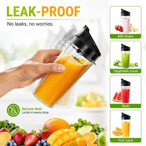 Two Pack 18 Ounce Blender Cups With Sip N Seal Flip Lids Replacement for High Power Countertop Blenders held with orange juice