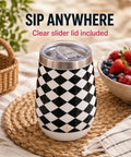 Premium Double Wall Insulated Stemless Wine Tumblers With Slider Lids 12 Oz Set on table with fruit and clear lid.