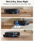 T90 Pro Omni Robot Vacuum and Mop shown lifting brushes and mop on carpet and hard floor, with AI obstacle avoidance feature.