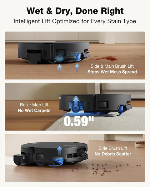 T90 Pro Omni Robot Vacuum and Mop shown lifting brushes and mop on carpet and hard floor, with AI obstacle avoidance feature.