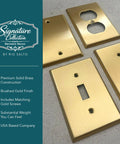 Brass Outlet Covers 5 Pack 1 Gang Real Brass Wall Plates in brushed gold, shown from various angles