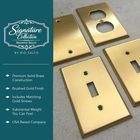 Brass Outlet Covers 5 Pack 1 Gang Real Brass Wall Plates in brushed gold, shown from various angles