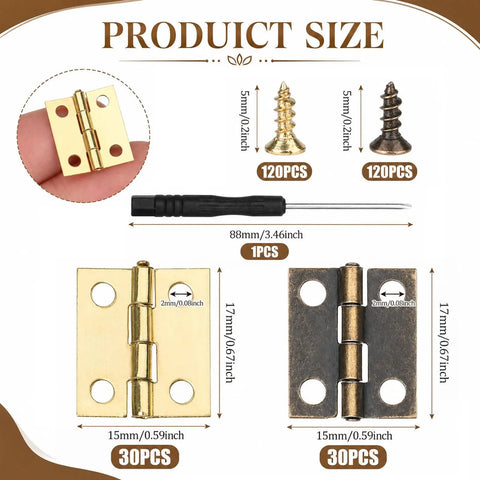 Top Shelf Mini Brass Hinge Kit With Antique And Dope Gold Finishes Includes 240 Screws And Driver For Kickass Diy Crafts Slick Model Building And Fly Woodwork 1.5 inch brass hinges with screws and driver tool