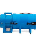 Side view of 8 Inch 1/3 HP High Pressure Axial Blower Fan For Ventilation With 25 Foot Hoses And Canister Delivers 1000 CFM Beastly Airflow