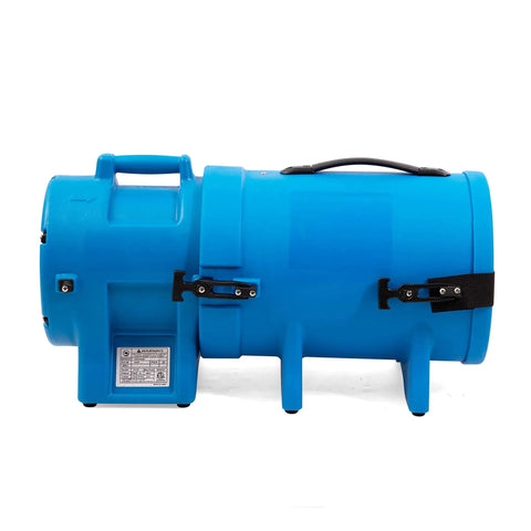 Side view of 8 Inch 1/3 HP High Pressure Axial Blower Fan For Ventilation With 25 Foot Hoses And Canister Delivers 1000 CFM Beastly Airflow
