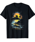 Beachy Island Vibes Outrigger Canoe Ocean Journey Tee For Summer Travel Lovers Unisex Black T Shirt With Classic Fit And Double Needle Hem Seaside Paradise Design featuring a sunset and palm trees