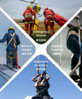 Collage of emergency rescue, work at height, expand training, and adventure activities with people using ropes and harnesses.