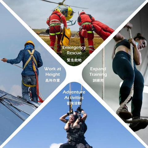 Collage of emergency rescue, work at height, expand training, and adventure activities with people using ropes and harnesses.