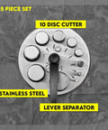 10 Piece Precision Locking Disc Cutter Set With Lever Separator for Metal Crafting in stainless steel, featuring 10 sizes.