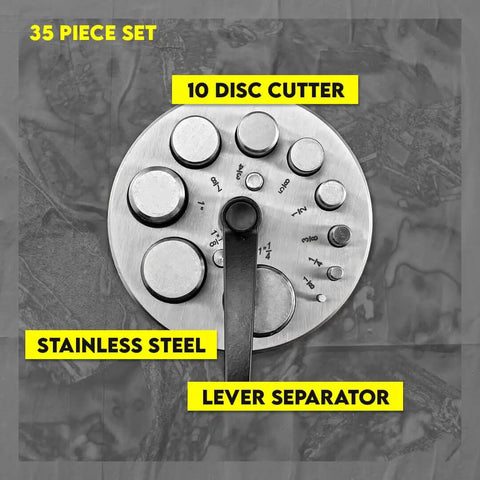 10 Piece Precision Locking Disc Cutter Set With Lever Separator for Metal Crafting in stainless steel, featuring 10 sizes.