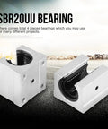 Four Pack 20Mm Aluminum Open Linear Bearings For SBR20 Rails With 20Mm Bore 39Mm Outer Diameter And 11Mm Thick Ultra Smooth Low Noise CNC Slide Bushing Blocks For DIY 3D Printer And Engraving Machine shown in side view.