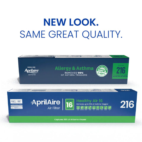 Replacement Filter For Whole House Air Purifiers MERV 16 20x25x4 Allergy Asthma Virus Filter box packaging with text "New Look. Same Great Quality."